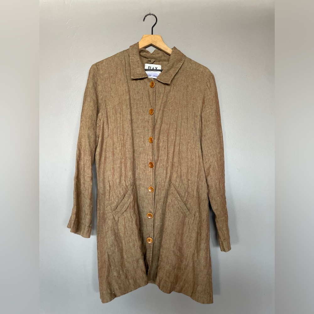 Flax  Lightweight Tan Long Button Front Coat